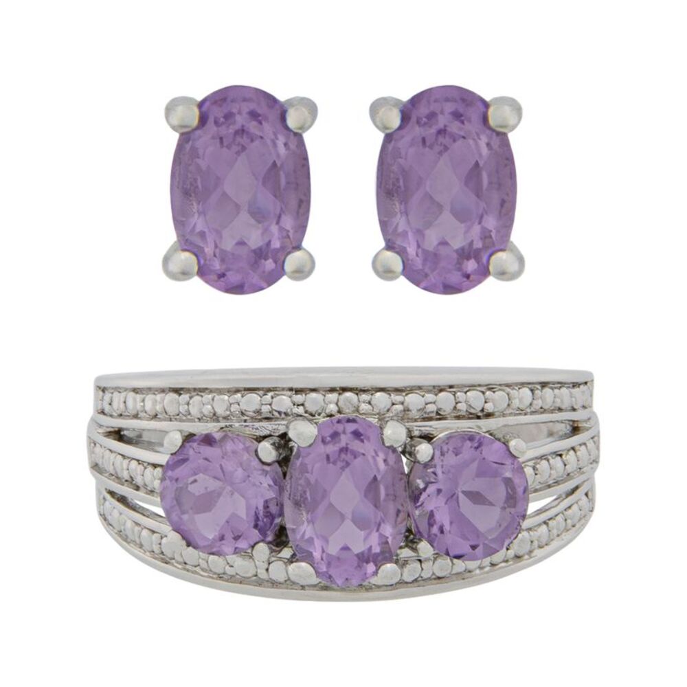 Past Present Future Genuine Amethyst Platinum Plated Ring and Earring Set, SZ 6
